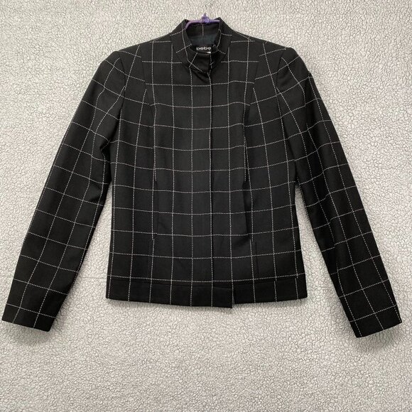 Bebe Jacket Women's Size 4 Black And White Plaid Squares Long Sleeve Full Zip - Picture 1 of 9